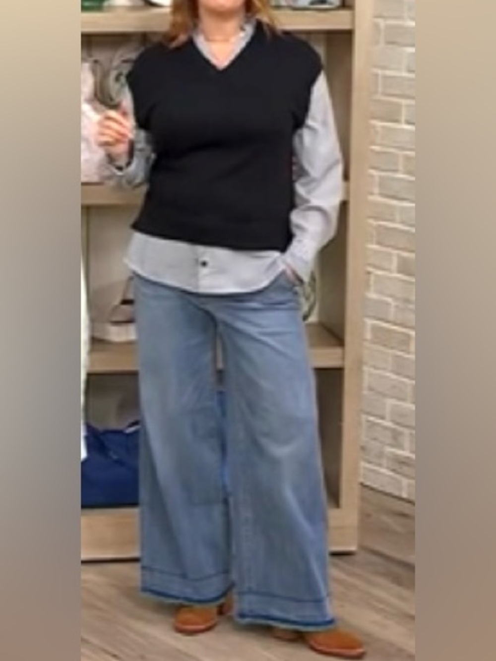 NWT Joan Rivers Black V-Neck Sweater Vest with Striped Shirt